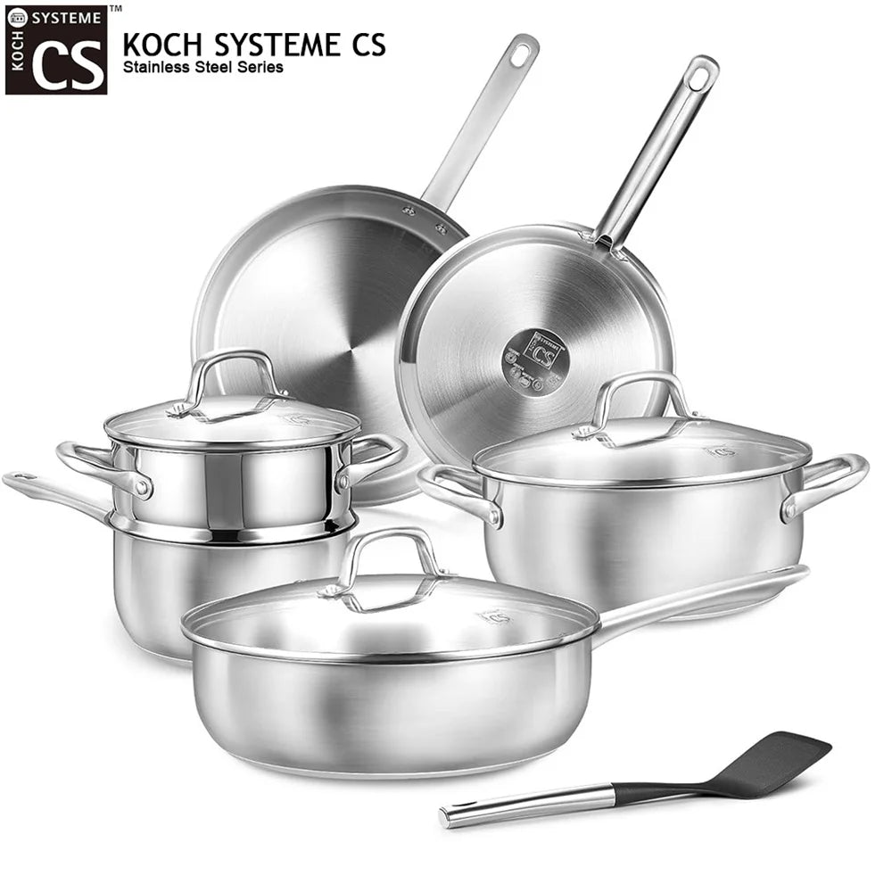 10 Piece Three-Layer Stainless Steel Cookware Set with Steamer – Saucepan, Casserole, Frying Pans & Deep Pan with Lids – Ideal for Induction & Family Meals – Available in 10 Piece Set & 10 Piece Set Colours