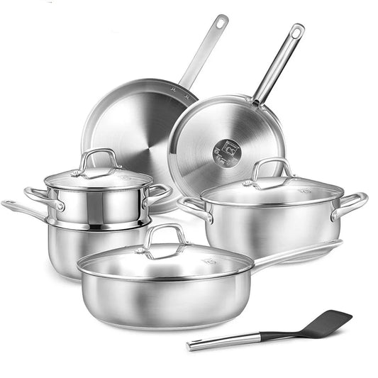 10 Piece Three-Layer Stainless Steel Cookware Set with Steamer – Saucepan, Casserole, Frying Pans & Deep Pan with Lids – Ideal for Induction & Family Meals – Available in 10 Piece Set & 10 Piece Set Colours