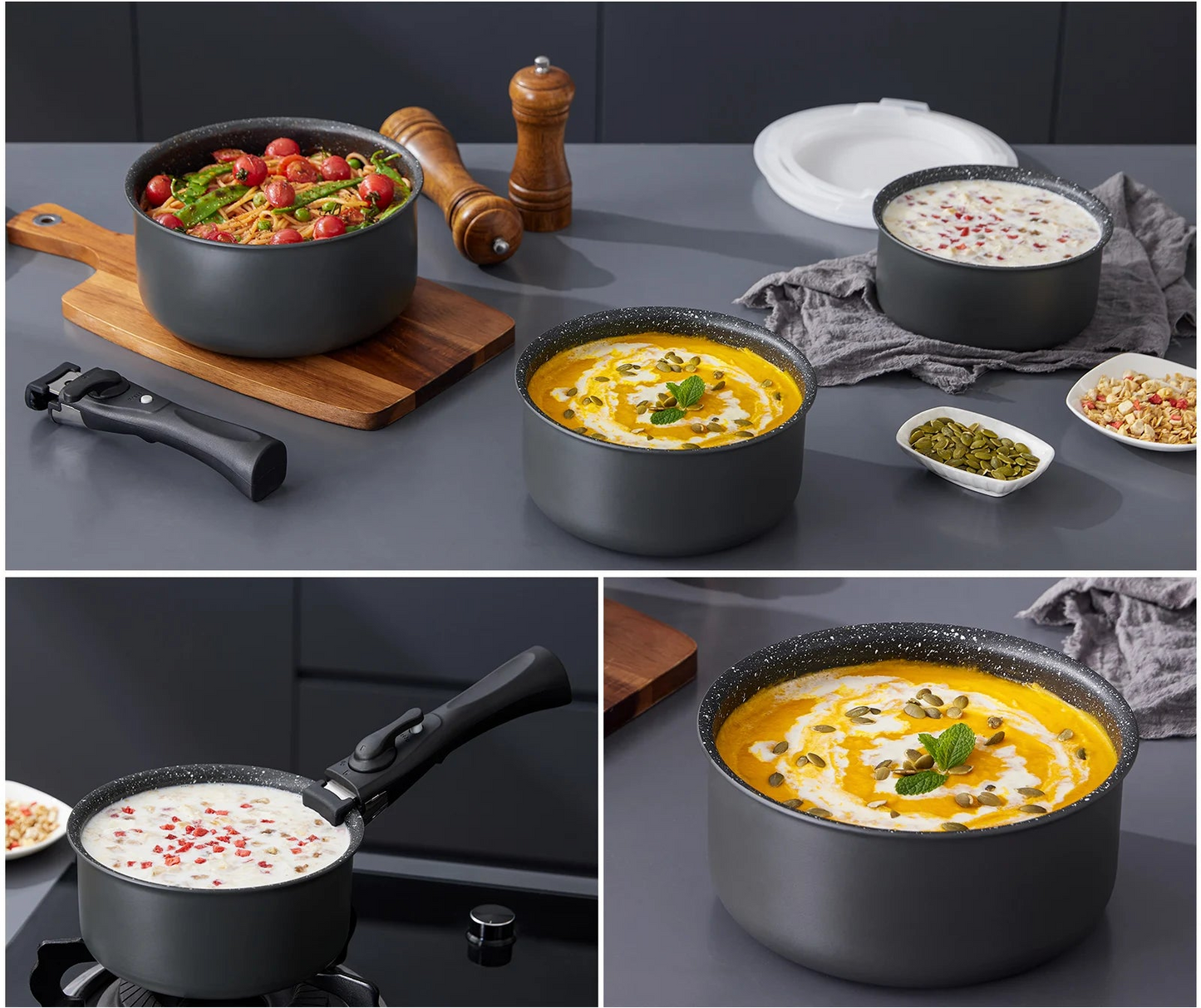 Non-Stick Saucepan Set with Detachable Handle & Fridge-Safe Sealing Lids – Durable PFOA-Free Black Aluminium Cookware for Soup, Sauces, Curries, Boiling, Simmering, Frying & Daily Cooking, Oven Use & Compact Storage