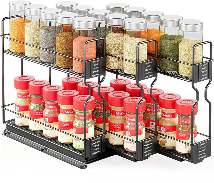 Pull Out Spice Rack Organiser for Cabinets – Slide Out Metal Seasoning Organiser – Perfect for Deep Kitchen Cupboards
