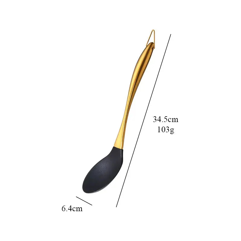 7-Piece Silicone Utensil Set with Golden Stainless Steel Handles - Cooking Utensil Set