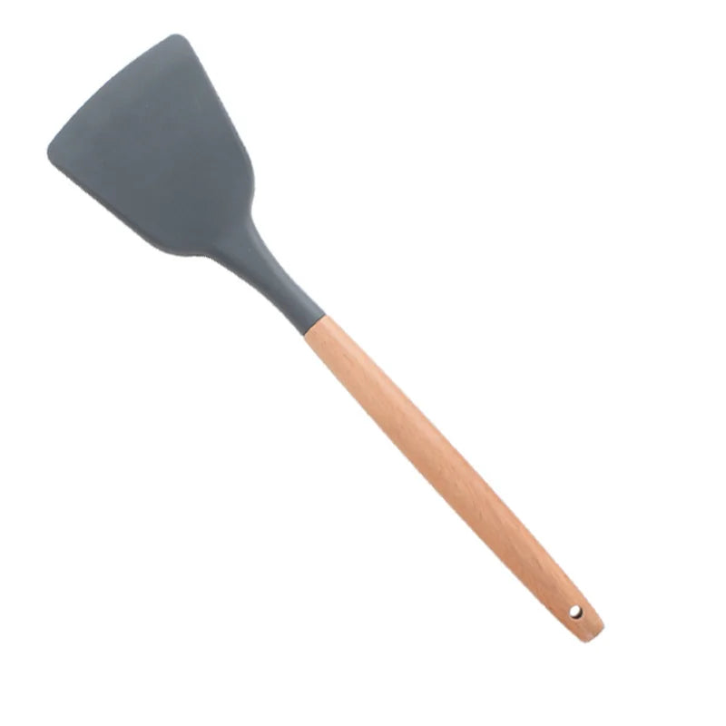 Heat Resistant Silicone Cooking Utensil with Wooden Handle – Up to 230°C Turner, Tongs, Spatula, Spoon, Brush & Whisk – Ideal for Nonstick Cookware Style 15