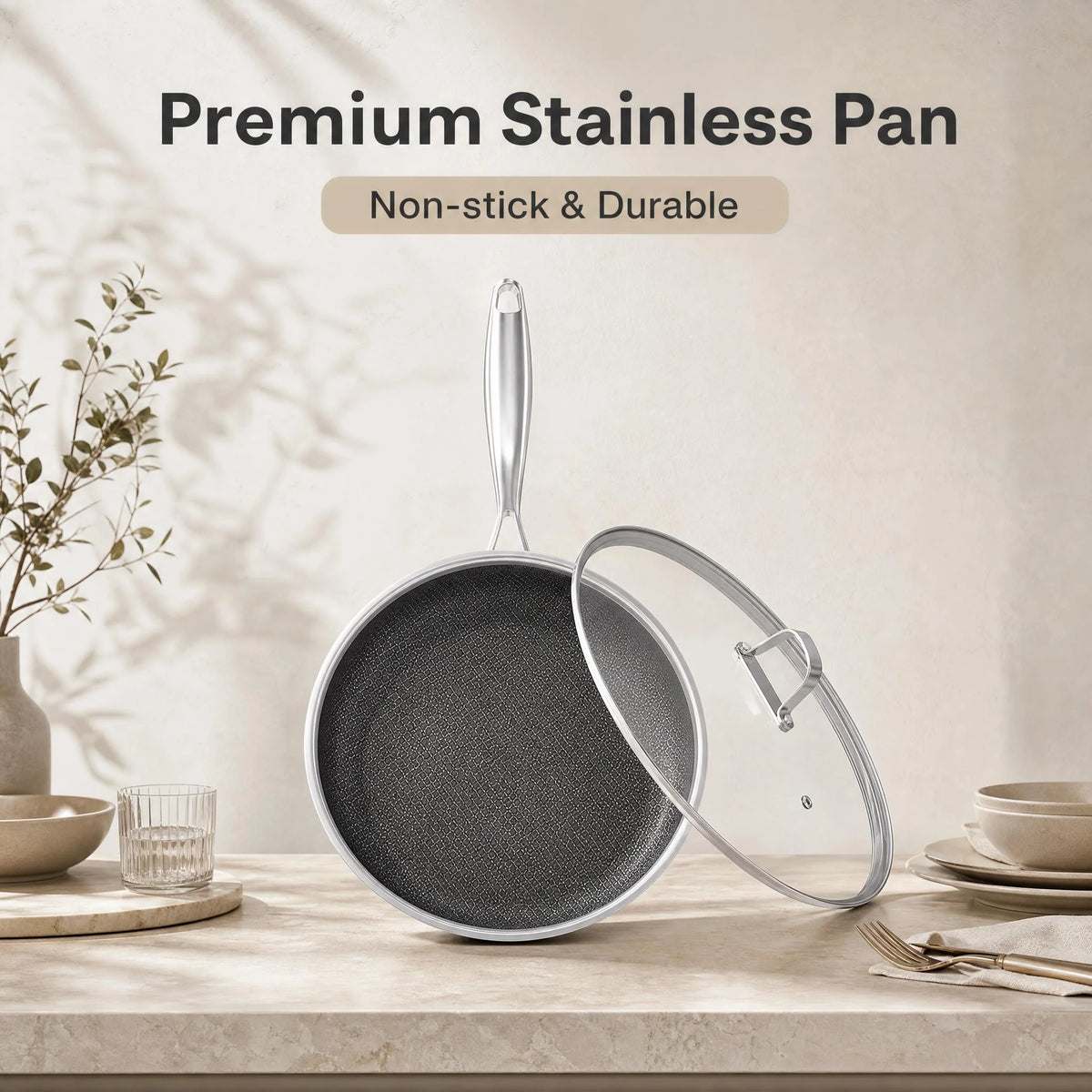 Honeycomb Stainless Steel Non-Stick Frying Pan with Glass Lid – 3-Ply Induction Skillet with Stay-Cool Handle – Ideal for Frying, Searing & Everyday Cooking (26cm)