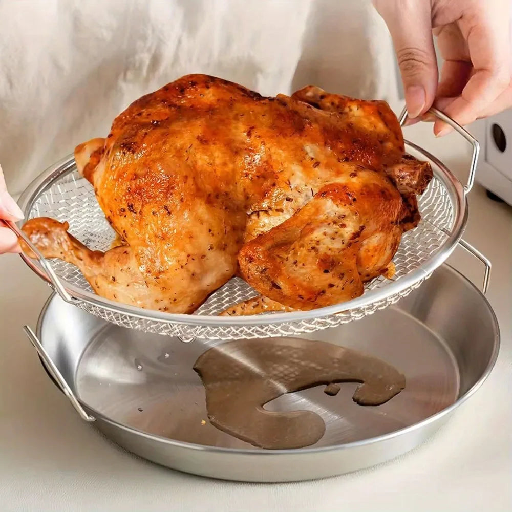 Multi-Use Round Stainless Steel Frying Oil Strainer/Drainer Mesh Rack with Elevated Handles and Drip Tray Set, 2-in-1 Mesh Basket & Tray Combo for Fried Foods, Chicken, Fries & Tempura, Strainer, Vegetable Washing & Baking Cooling