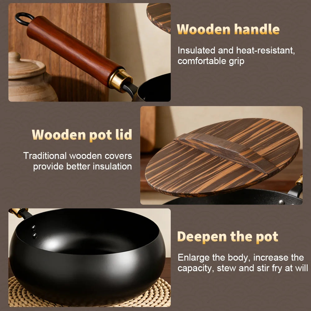 Carbon Steel Wok with Wooden Lid & Beech Wood Handle – Deep Stir-Fry Pan & Soup Pot – Perfect for Stir-Frying, Soups & Everyday Cooking (28cm)