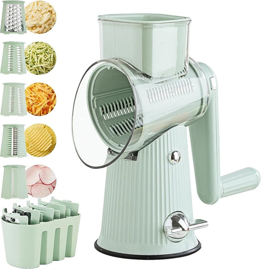 5-in-1 Rotary Cheese & Vegetable Grater with Handle & Suction Base – Multifunctional Manual Drum Grater / Slicer & Shredder with Easy-to-Swap Stainless Steel Interchangeable Rotating Drum Blades for Slicing, Shredding & Grinding (Light Green)