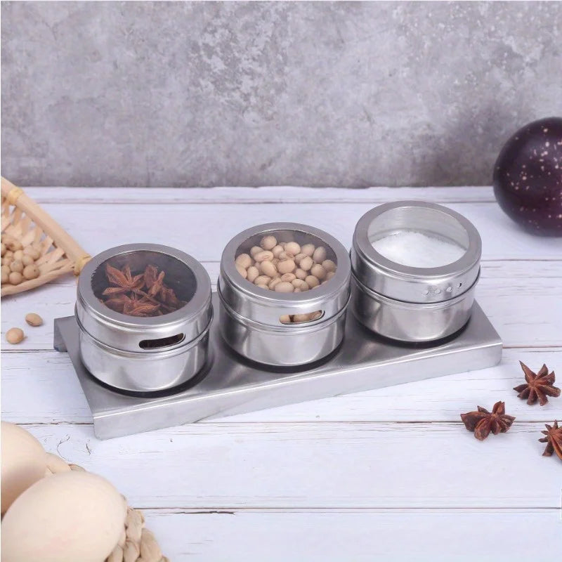 Magnetic Spice Rack Set with Steel Tin Jars – Fridge Side Spice Organiser with Clear Shaker Lids – Perfect for Saving Kitchen Space