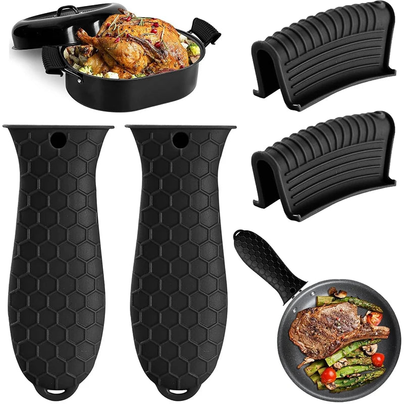 4 Piece Silicone Hot Handle Holder Set – Heat Resistant Pan Handle Covers & Assist Sleeves – Best for Cast Iron Skillets & Hot Pans – Available in Blue, Black & Red Colours