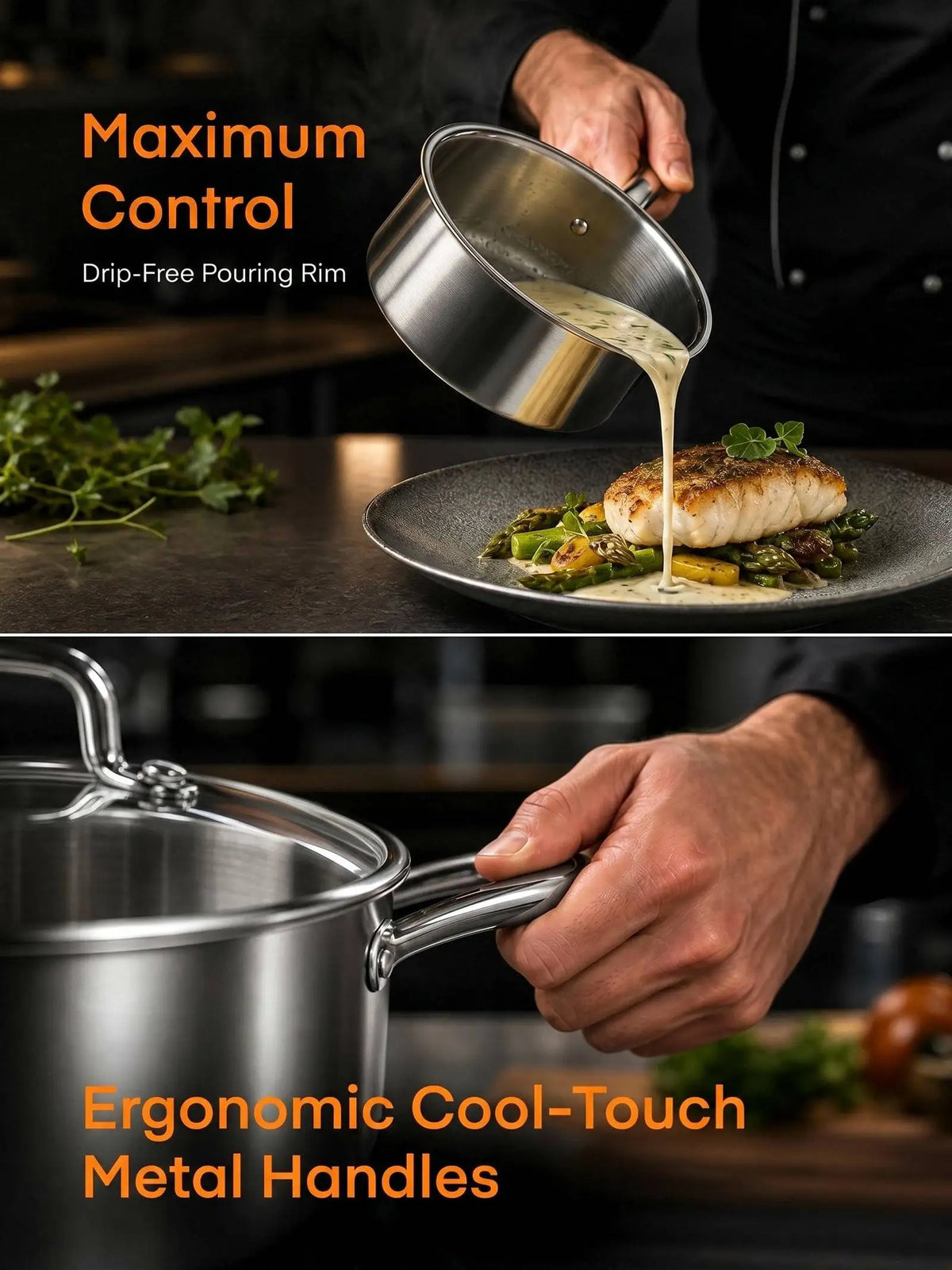 15 Piece Three-Layer Stainless Steel Pots & Pans Set with Glass Lids – Professional Frying Pans, Saucepans & Soup Pots – Perfect for Induction & Big Families