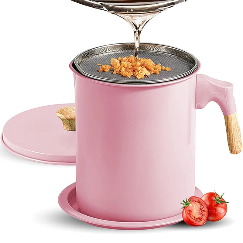 1.4L Stainless Steel Cooking Oil Storage Pot with Strainer – Oil Filter Container & Grease Keeper – Great for Reusing Frying Oil – Available in Pink, Green & Light Green Colours Pink
