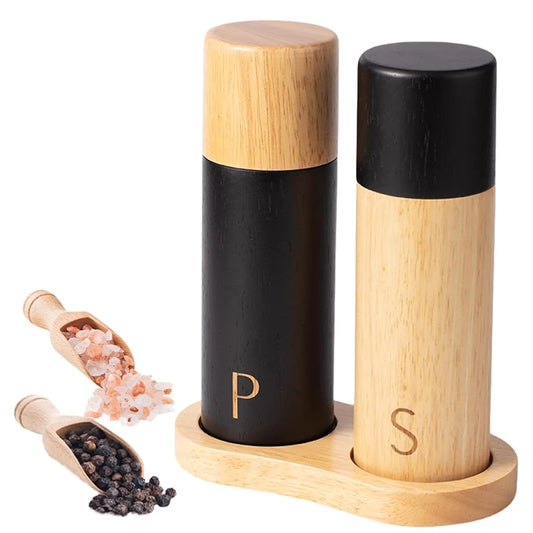 7 Inch Oak Wood Salt & Pepper Grinder Set – Manual Pepper Mill with Adjustable Ceramic Grinder – Perfect for Sea Salt & Peppercorns