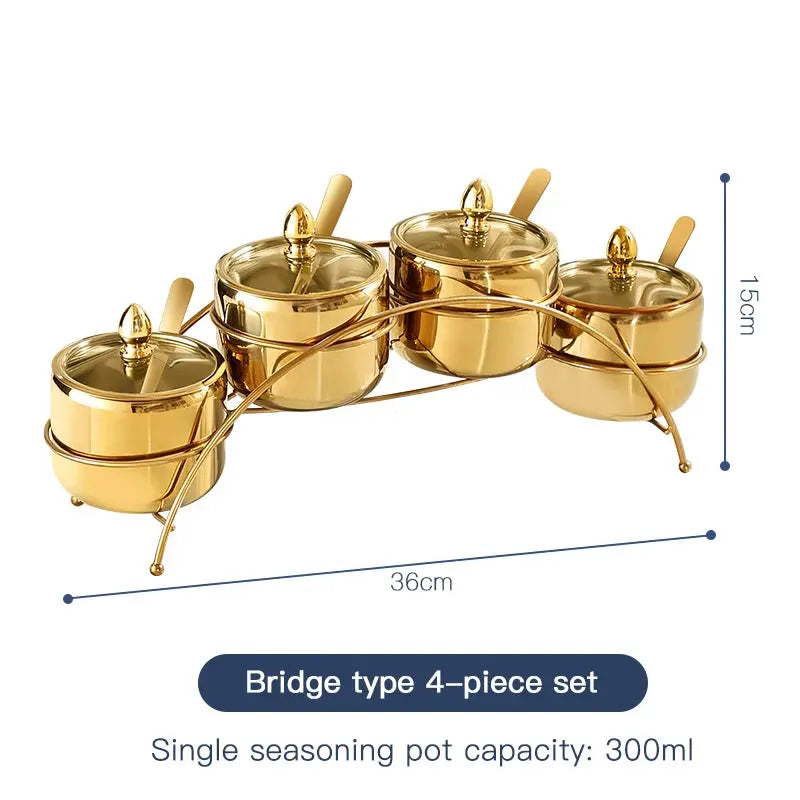 Luxury Golden 304 Stainless Steel Seasoning / Condiment Pot Set with Tempered Glass Lids, Matching Spoons & Storage Rack – Elegant Spice Containers with Food-Grade Coating – Ideal for Salt, Sugar, Spices & Condiments Bridge type 4