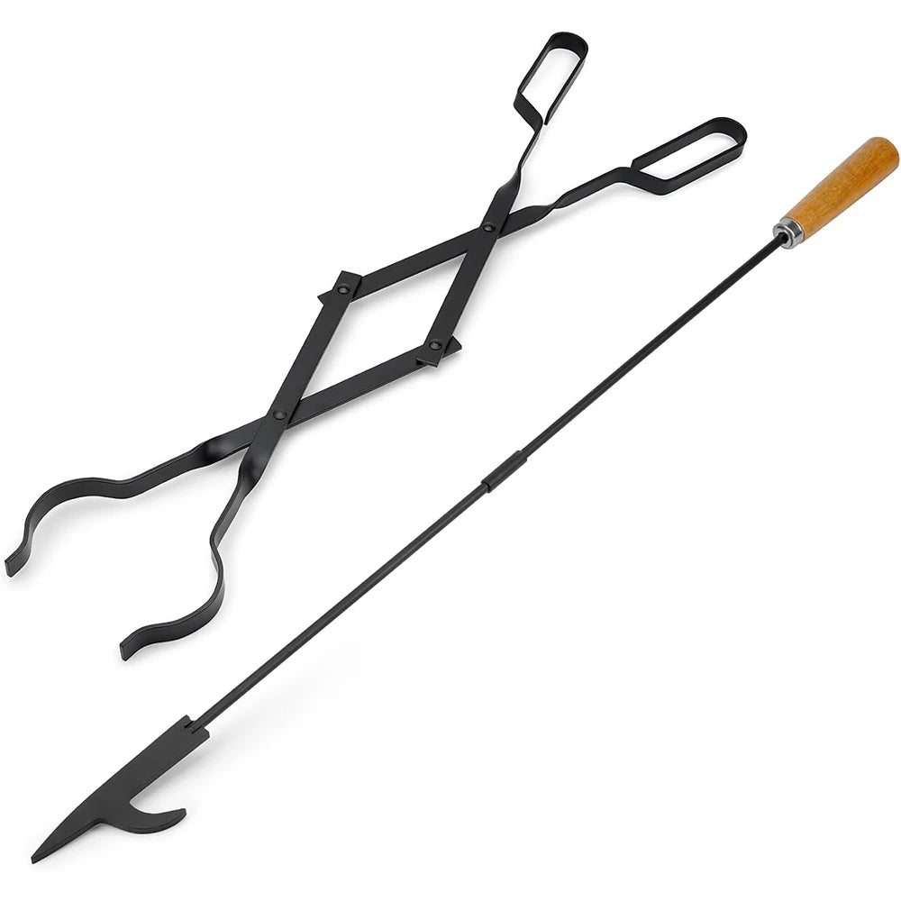 Firewood Tongs & Fire Poker Set with Wooden Handles – Rustproof Campfire & Fire Pit Set – Perfect for Fireplaces, Fire Pits & Campfires – Available as Tongs, Poker, Forks or Full Set