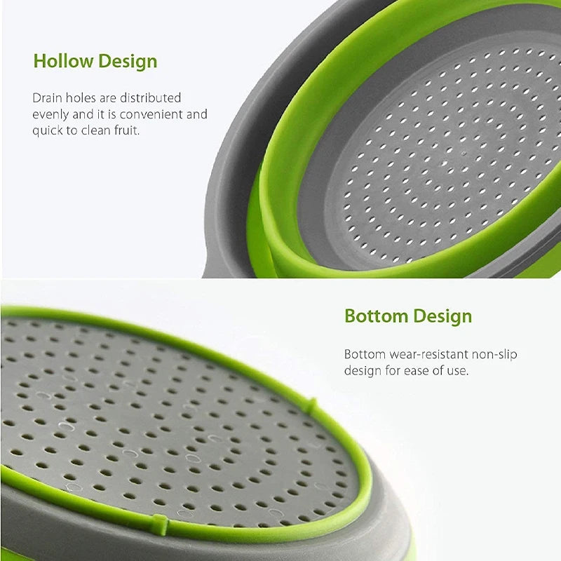 Collapsible Silicone Colander with Handle – Folding Strainer for Pasta, Vegetables & Fruit – Ideal for Small Kitchens, Caravans & Camping – Available in Green, Orange, Blue & Red Colours