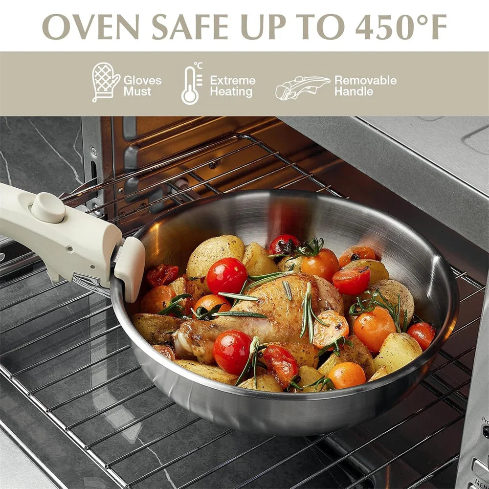 7 Piece Stainless Steel Cookware Set with Detachable Handle – 20cm & 25cm Frying Pans & 2QT Saucepan – Great for Stove to Oven & Space-Saving Storage