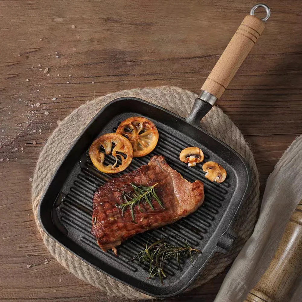 Cast Iron Skillet Frying Pan With Wooden Handle Uncoated Non Stick For Steak Camping Indoor Outdoor Use