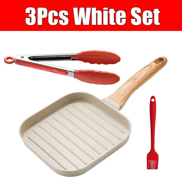 Non-Stick Grill Pan – Skillet for Indoor & Outdoor Grilling – 19cm Square Perfect Griddle for Steak, Meat, and Vegetables – Compatible with All Stovetops – Available in Black or White, and in 1-Piece or 3-Piece Sets (