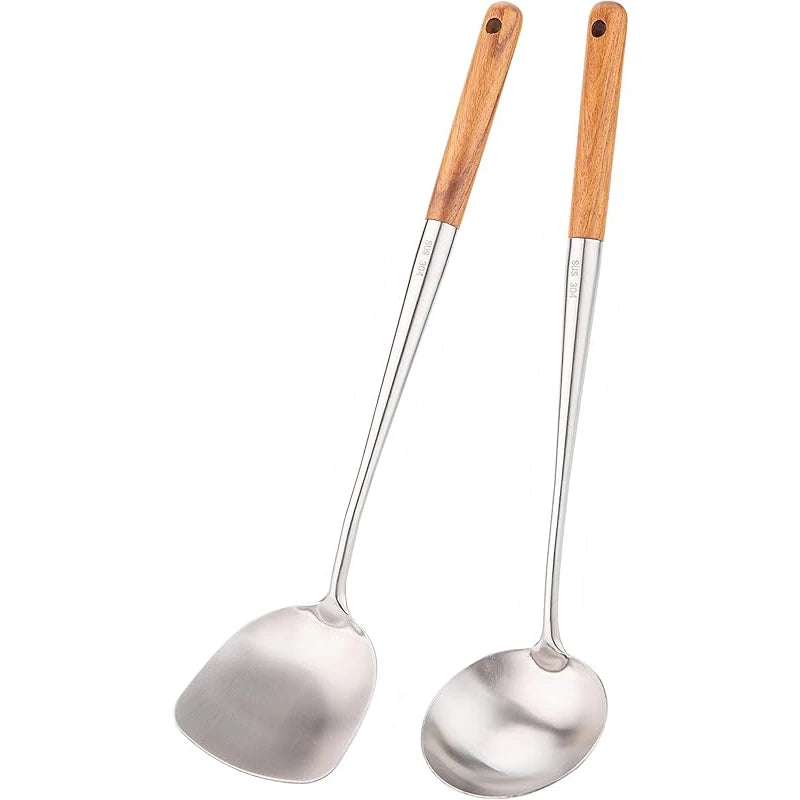 Stainless Steel Wok Spatula & Ladle Set with Wooden Handles – Skimmer, Slotted Turner & Cooking Utensils – Great for Stir-Fries, Soups & Frying – Available as a 4-Piece Set or Singles