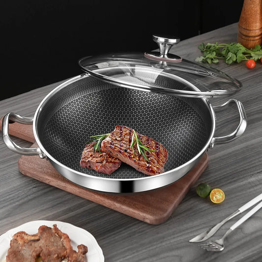 Honeycomb Stainless Steel Frying Pan & Soup Pot with Lid – Multi-Purpose, Double-Sided Non-Stick Deep Cooking Pot for Frying, Stewing, Soup, Stock & Daily Cooking – For Gas & Induction – Available in 32cm, 34cm, 36cm