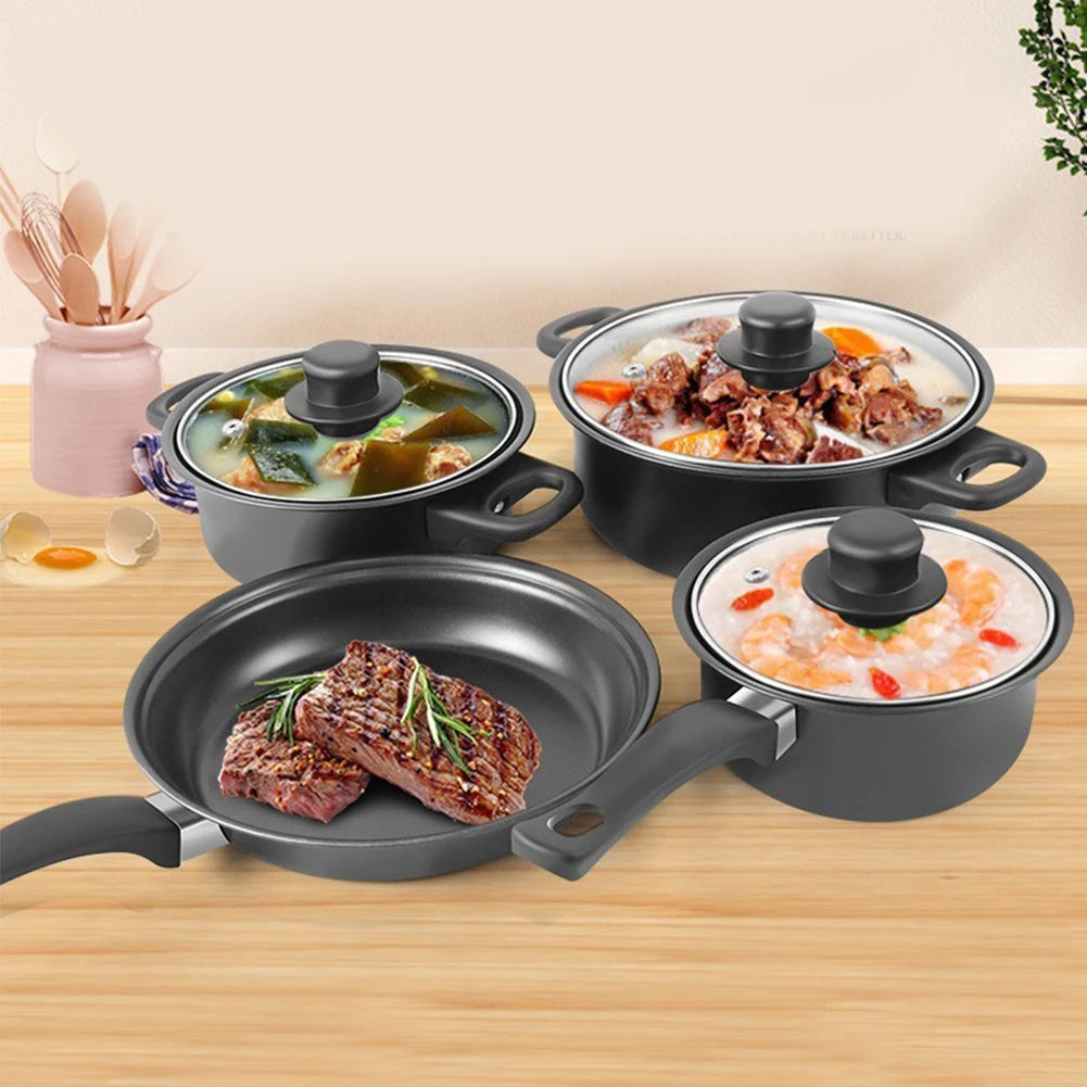 12 Piece Non-Stick Cookware Set with Lids – Maifan Stone Frying Pans, Milk Pan & Cooking Pot – Best for All Hobs & Everyday Meals – Available in Black, Blue & Pink Colours