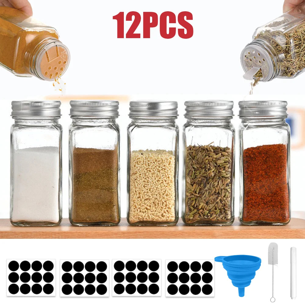 12 Piece Glass Spice Jars with Shaker Lids – 120ml Seasoning Bottles with Labels, Funnel & Brush – Perfect for Spices, Herbs & BBQ Rubs