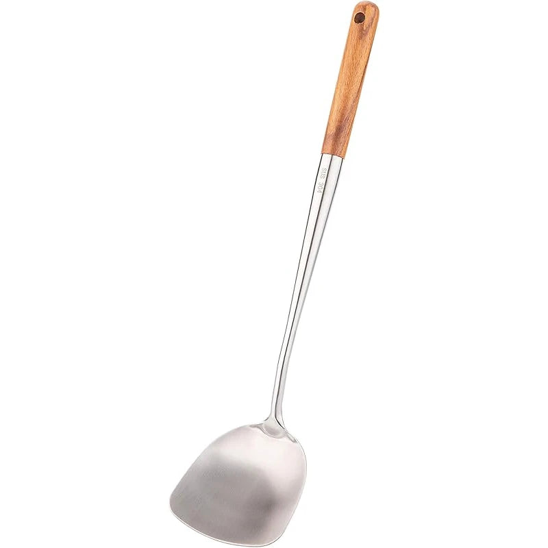 Stainless Steel Wok Spatula & Ladle Set with Wooden Handles – Skimmer, Slotted Turner & Cooking Utensils – Great for Stir-Fries, Soups & Frying – Available as a 4-Piece Set or Singles