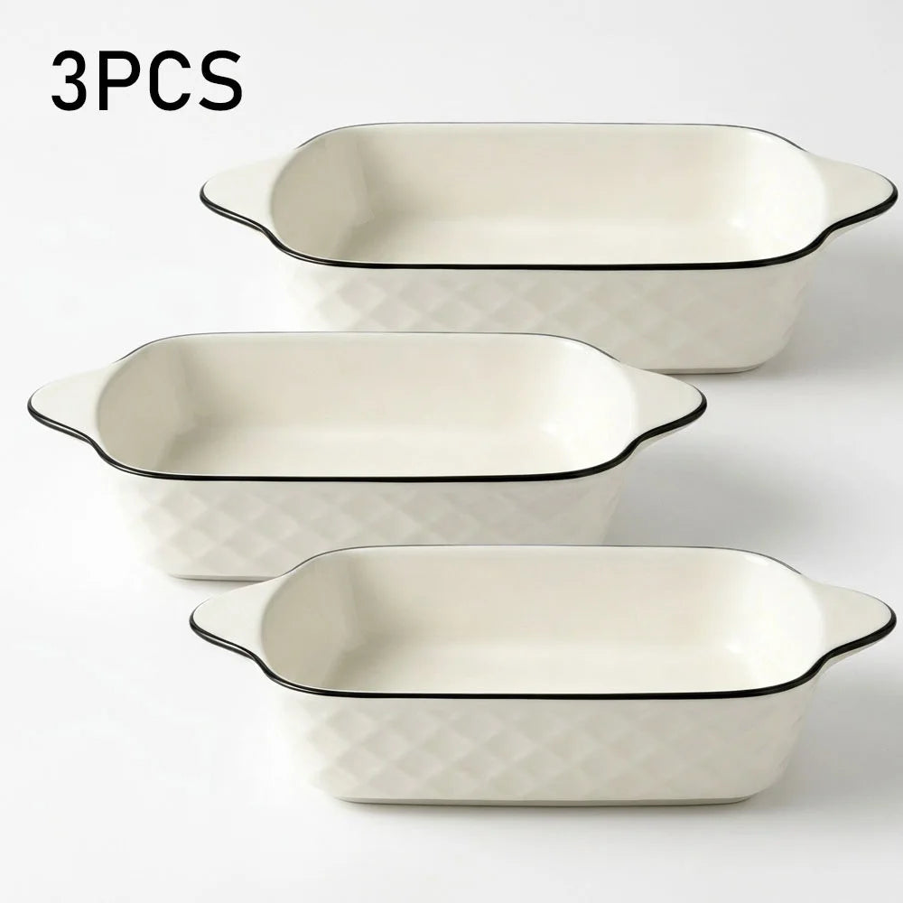 3 Piece Ceramic Baking Dish Set with Handles – 950ml Diamond Pattern Oven Dishes with Black Rim – Best for Lasagne, Pies & Casseroles