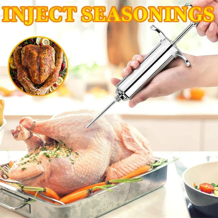 2oz Stainless Steel Meat Injector Syringe Kit with 3 Marinade Needles – Flavour Injector for Beef, Chicken & Turkey – Perfect for BBQ, Smoking & Roasting