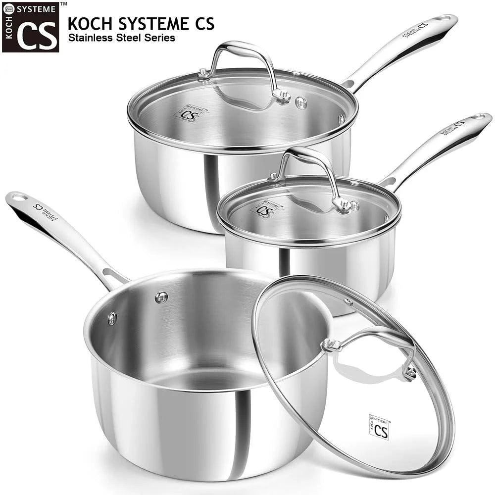 6 Piece Tri-Ply Stainless Steel Saucepan Set with Glass Lids – 14cm, 18cm & 20cm Milk Pan & Saucepans – Great for Sauces, Soups & Induction Hobs