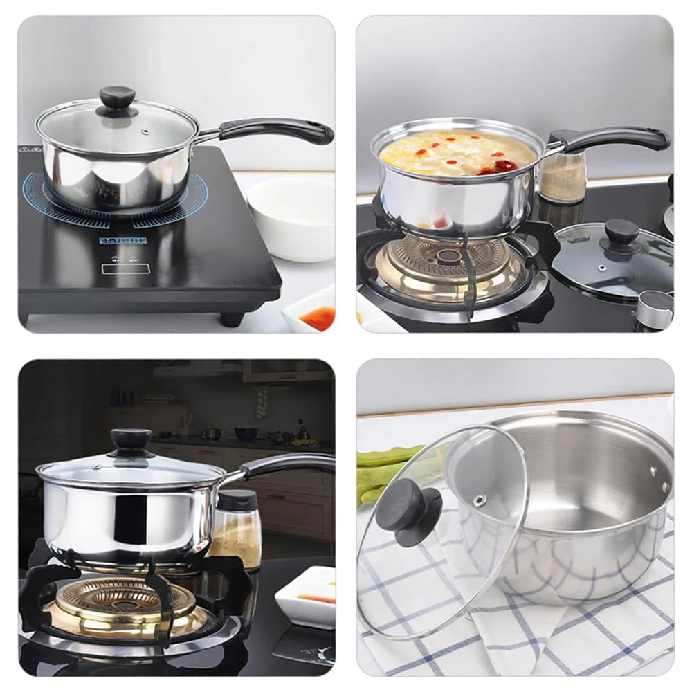3 Piece Stainless Steel Milk Pan Set with Glass Lids & Gloves – Single Layer Saucepans – Great for Milk, Sauces & Gas Hobs