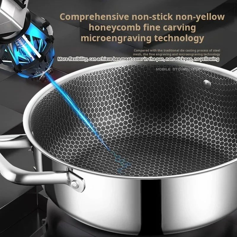 Honeycomb Stainless Steel Wok & Soup Pot – 410 Stainless Steel Non-Stick Deep Pan with Multi-Layer Base – Great for Stir-Fries, Soups & Hot Pot (28cm)