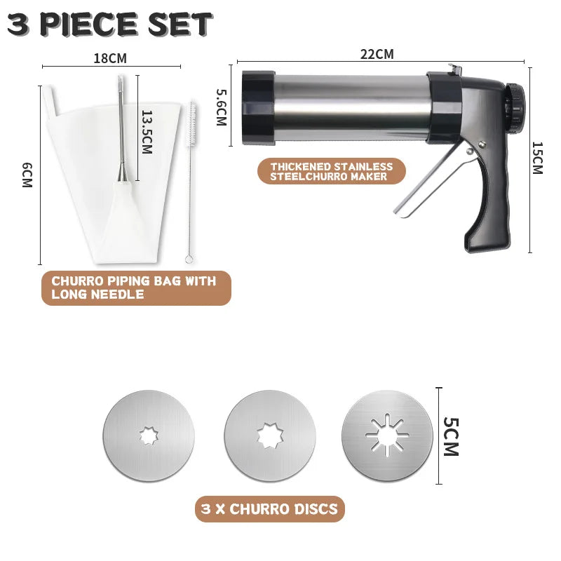 3-in-1 Stainless Steel Churro Maker & Cookie Press Kit – Spritz Biscuit Gun with Moulds – Great for Churros, Biscuits & Piped Desserts