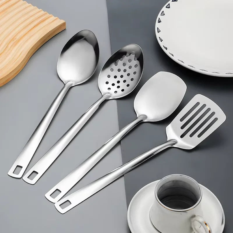 6-Piece Stainless Steel Kitchen Utensil Set – Heat-Resistant with Ergonomic Handles & Hanging Holes, Includes Slotted Spoon, Ladle, Turner, Cooking Spoon & Rice Spoon