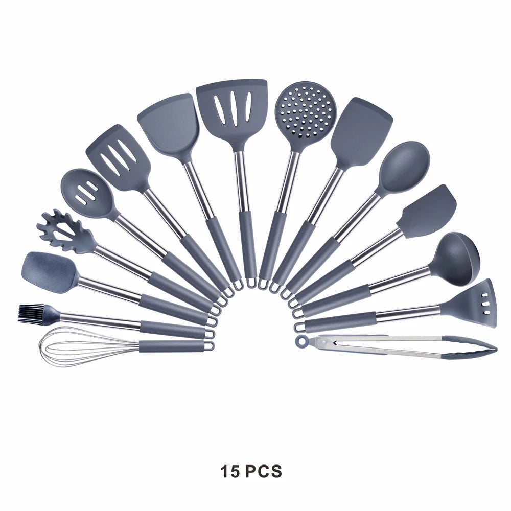 Silicone Kitchen Utensils Set with Stainless Steel Handles – Non-Stick Safe, Heat Resistant | Grey & Black | Available in 5 to 15-Piece Sets
