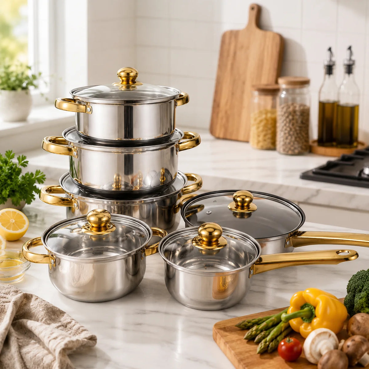 Golden Handle Stainless Steel Cookware Set with Glass Lids – 12 Piece Stock Pot, Saucepan, Steamer & Non-Stick Frying Pan – Ideal for Induction & Family Cooking