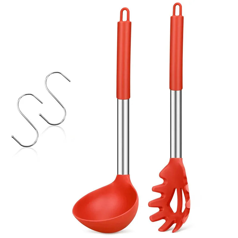 Silicone Pasta Fork & Ladle Spoon Set Red