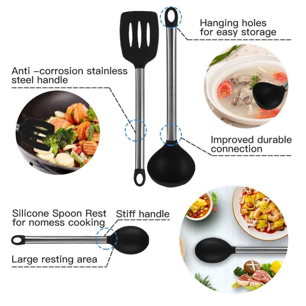 9-Piece Silicone Kitchen Utensils Set with Kitchen Utensils Storage Holder – Non-Scratch, Heat Resistant &amp; Dishwasher Safe