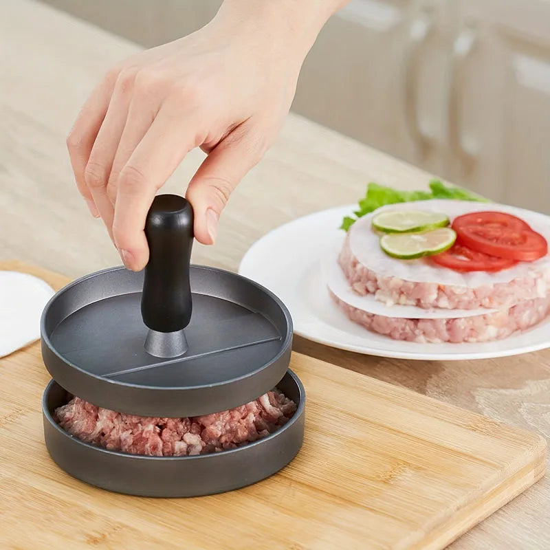 Non-Stick Burger Press with Wax Papers – Aluminium Round Patty Maker with Removable Handle – Ideal for BBQ Burgers & Meat Pies – Available in Black & Red Colours