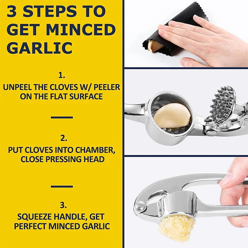 Zinc Alloy & Stainless Steel Garlic Press – Easy Squeeze Garlic Mincer & Crusher – Ideal for Fresh Garlic in Everyday Cooking – Available in Silver, Black & Gold Colours