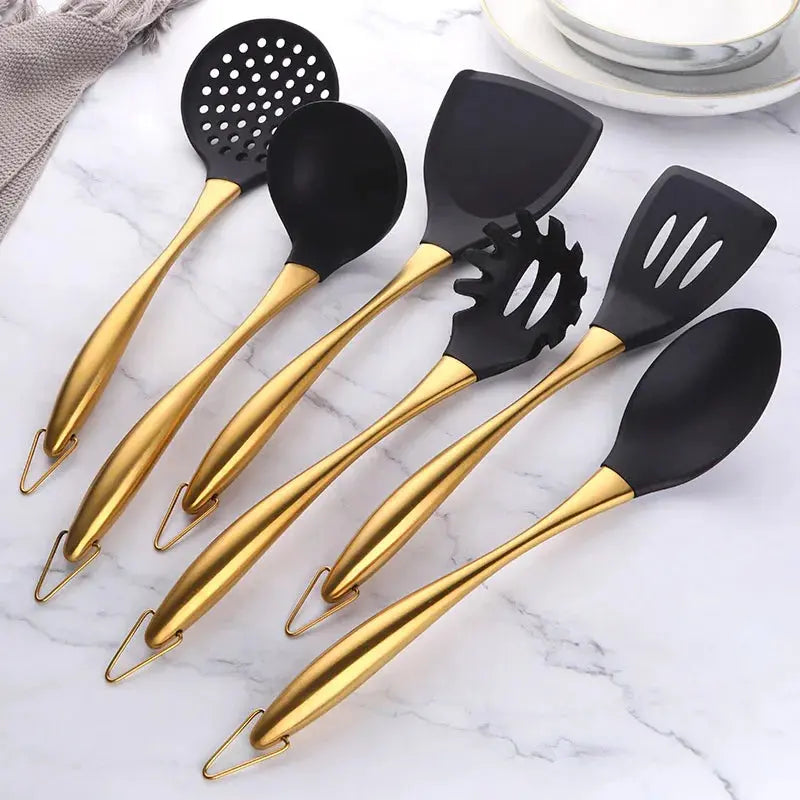 7-Piece Silicone Utensil Set with Golden Stainless Steel Handles - Cooking Utensil Set