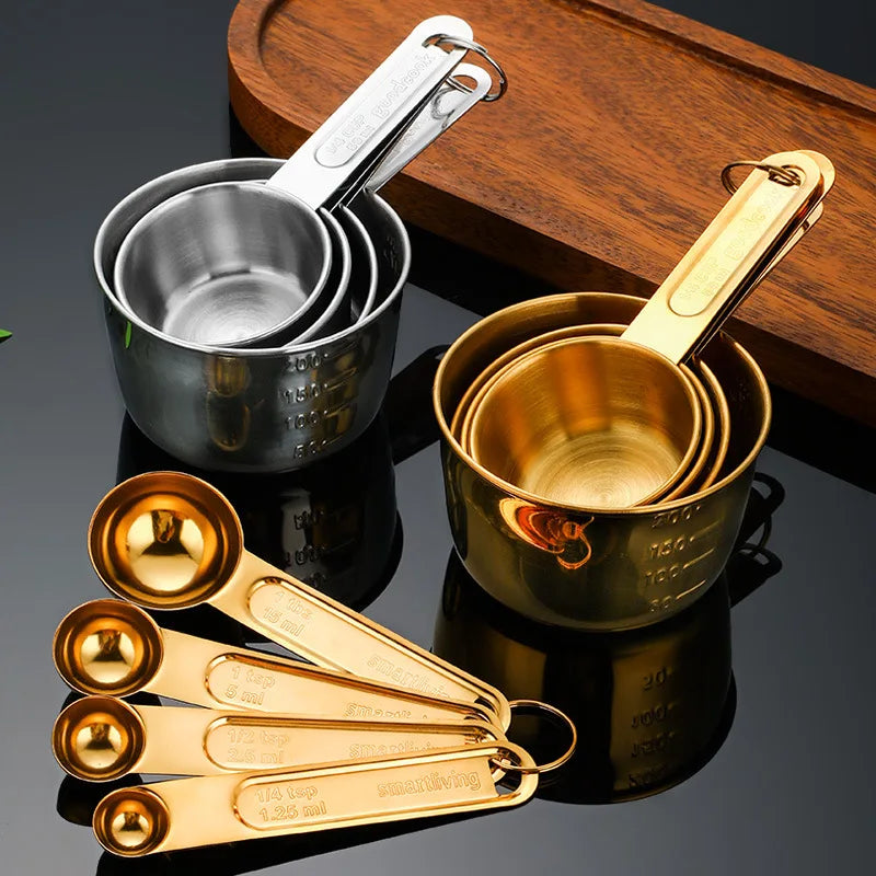 8 Piece Gold Measuring Cups And Spoons Set Stainless Steel