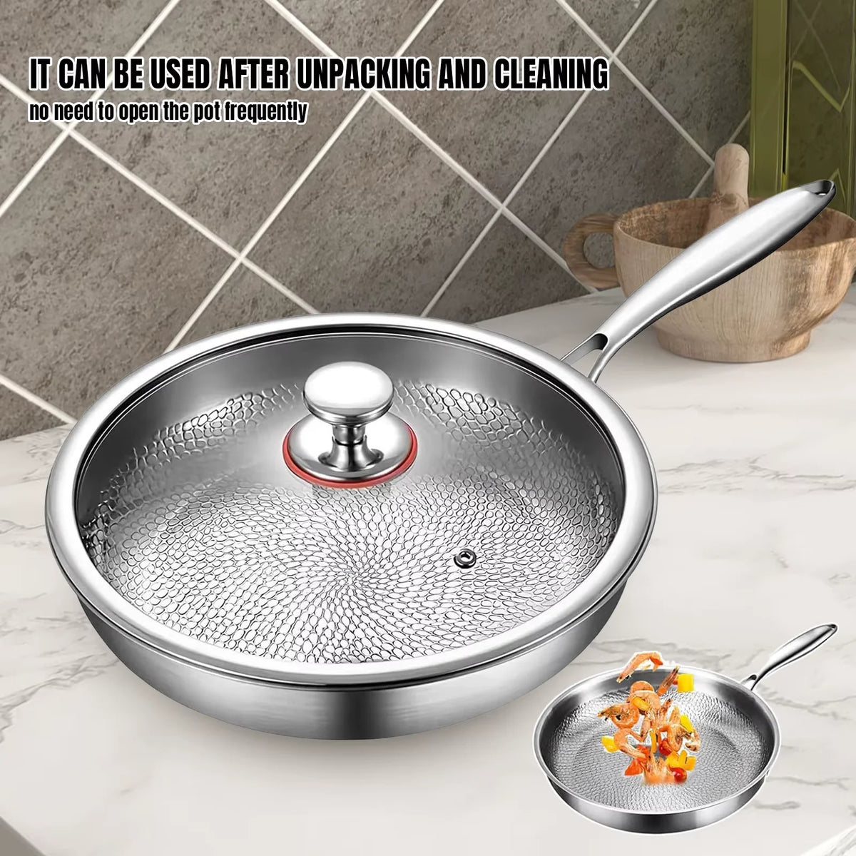 Titanium Steel Non-Stick Wok & Frying Pan – Hammered 3-Layer Induction Skillet for Eggs & Steak – Best for All Stoves & Ovens – Available in 26cm, 28cm & 30cm