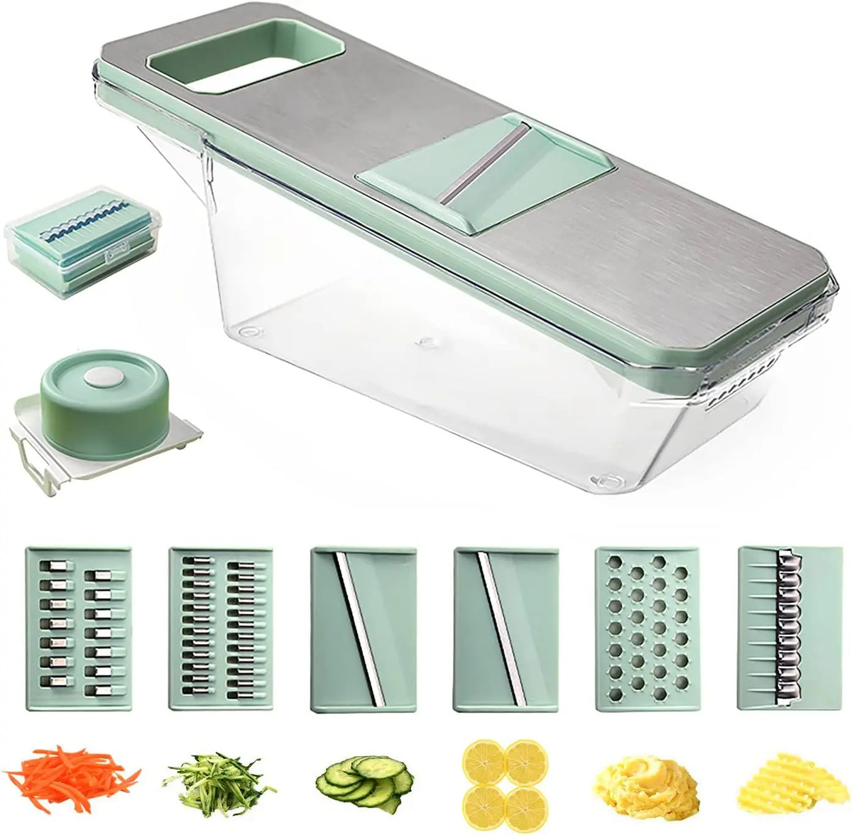 6 in 1 Mandoline Vegetable Slicer with 6 Interchangeable Stainless Steel Blades – Julienne Shredder & Veggie Slicer – Perfect for Salads & Meal Prep – Available in Light Green & Light Grey Colours