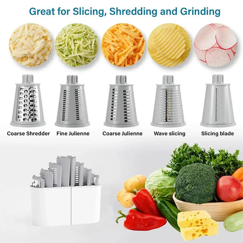 5-in-1 Rotary Cheese and Vegetable Grater with Handle and Suction Base – Multifunctional Interchangeable Rotating Drum Blades for Slicing, Shredding, and Grinding.(Available in Green, White, and Black Colours)