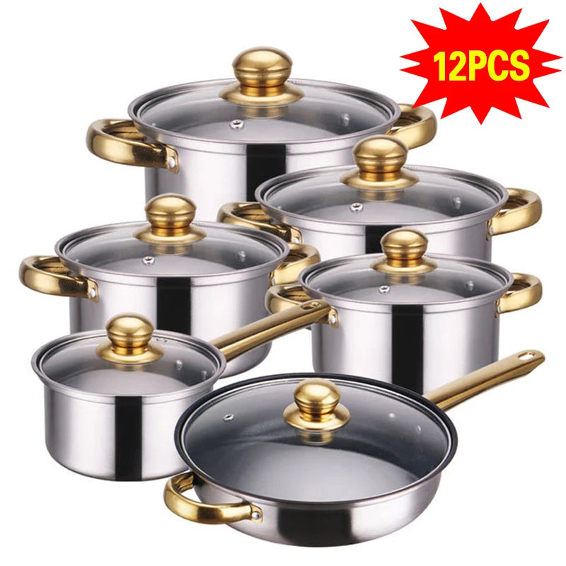 12 Piece High-Shine Stainless Steel Casserole, Saucepan & Stock Pot Set with Glass Lids – Heavy Duty Induction Cookware – Great for Gas, Electric & Halogen Hobs