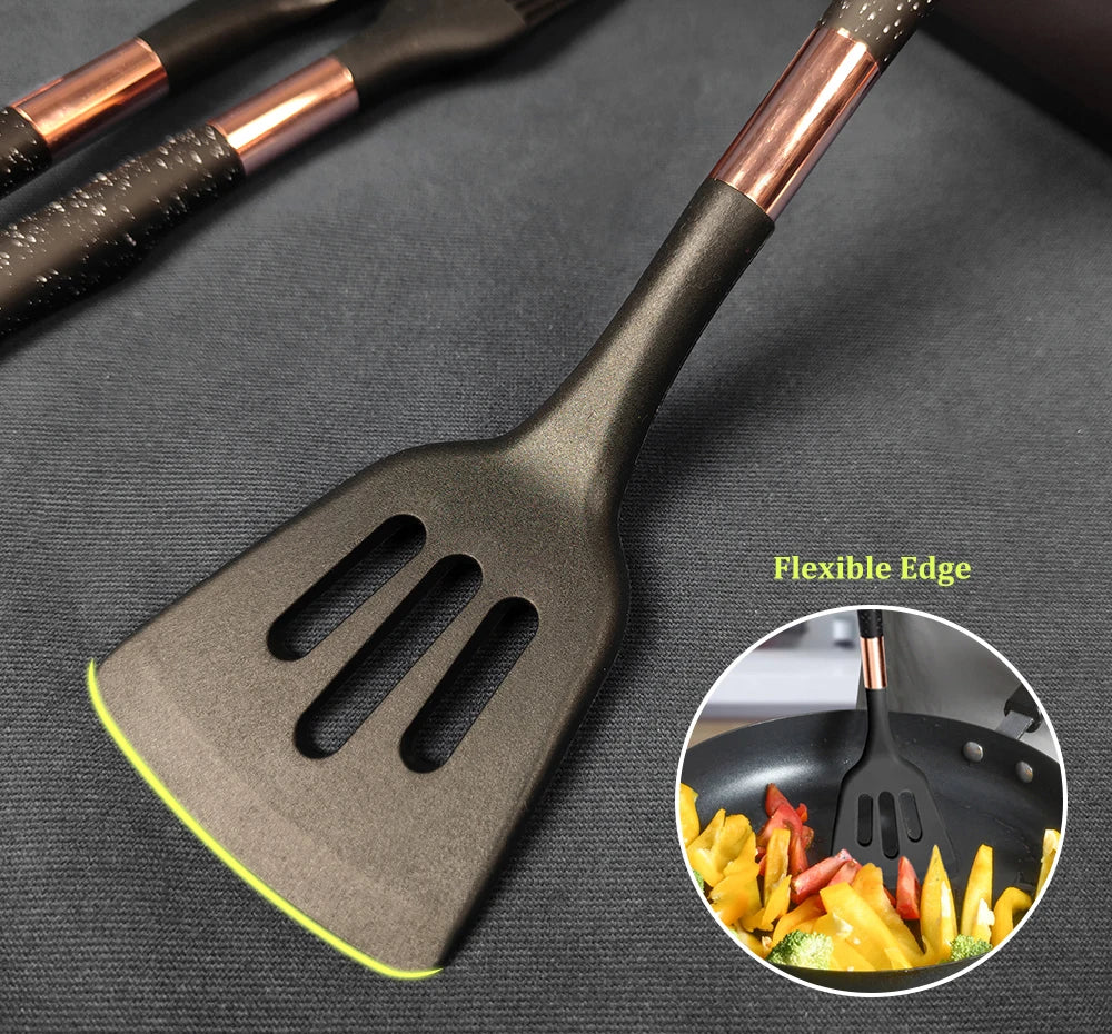 Silicone Cooking Utensils Set with Gold-Plated Handles – Non-Stick Safe, Heat Resistant | Black & Beige | Available in 5, 7, 10 & 12-Piece Sets
