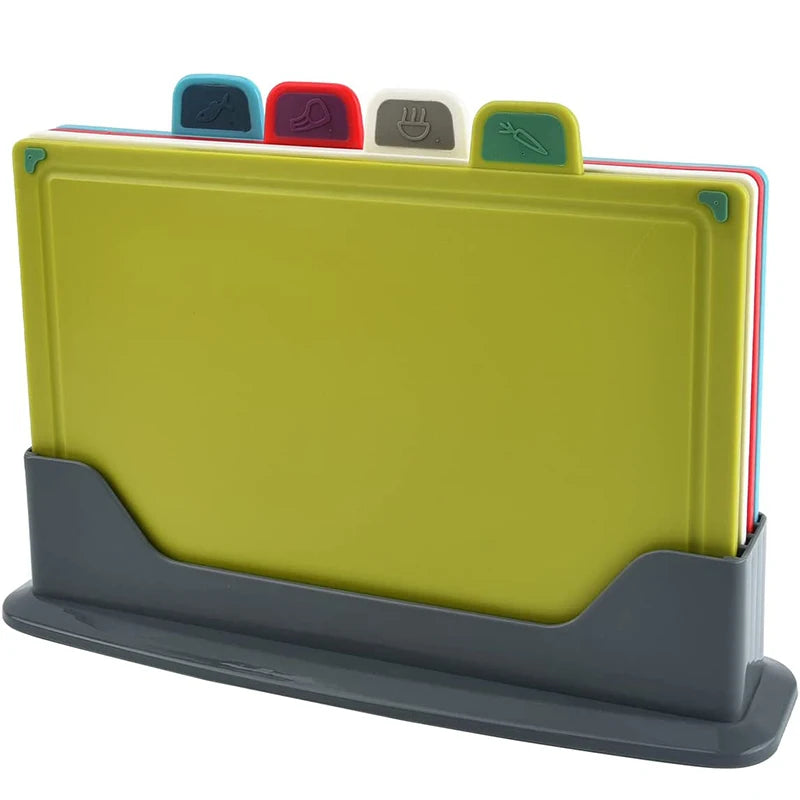 4 Piece Colour-Coded Plastic Chopping Board Set with Storage Stand – Thick Slip-Resistant Cutting Boards – Great for Meat, Fish, Vegetables & Fruit