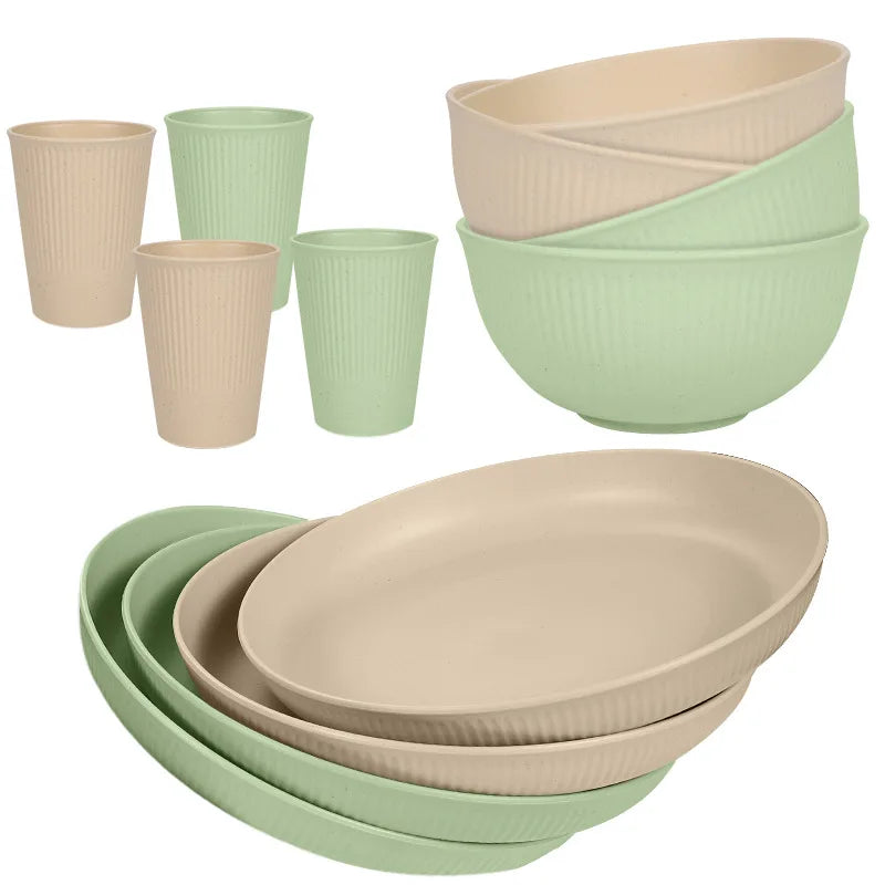 12 Piece Wheat Straw Dinnerware Set – Reusable Unbreakable Plates & Bowls – Perfect for Family Meals, Picnics & Camping
