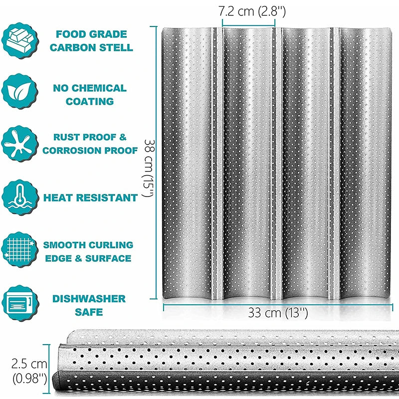 Non-Stick Perforated Carbon Steel Baguette Pan – French Bread Baking Tray – Perfect for Crusty Baguettes & Homemade Loaves – Available in 2 & 4 Loaves