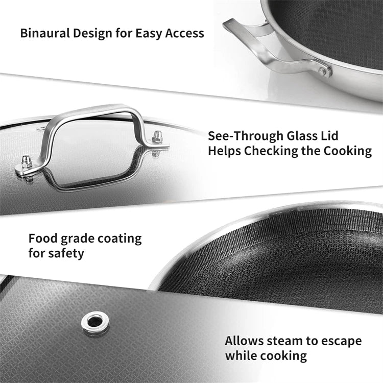 Honeycomb Tri-Ply Stainless Steel Skillet / Paella Pan – Non-Stick Frying Pan with Glass Lid Perfect for Searing, Stir-Frying & One-Pan Meals or preparing paella, Available in 26cm, 28cm, 30cm, 32cm